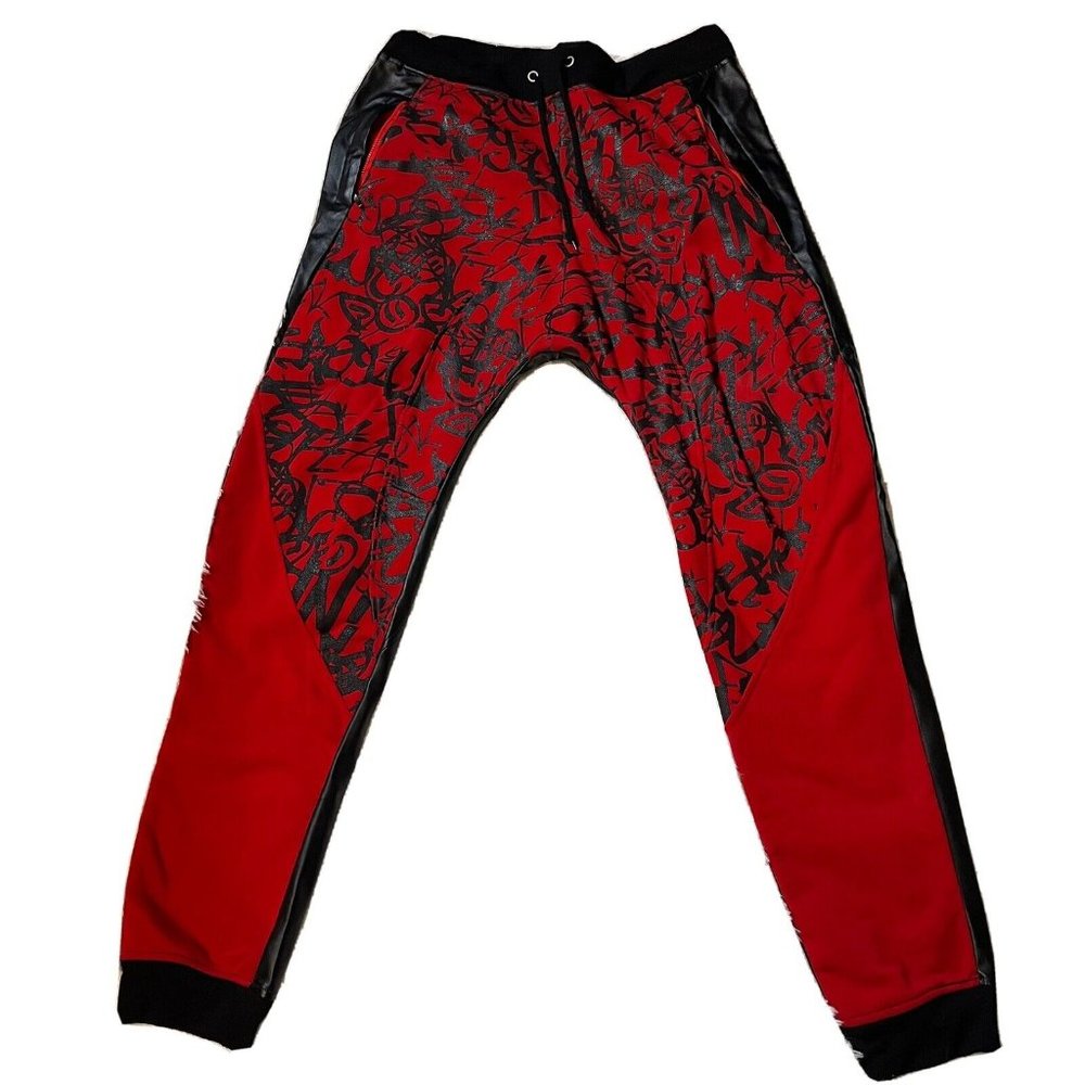 mens Hiphop graffiti style Red Black Drawstring joggers faux leather Size 2XL